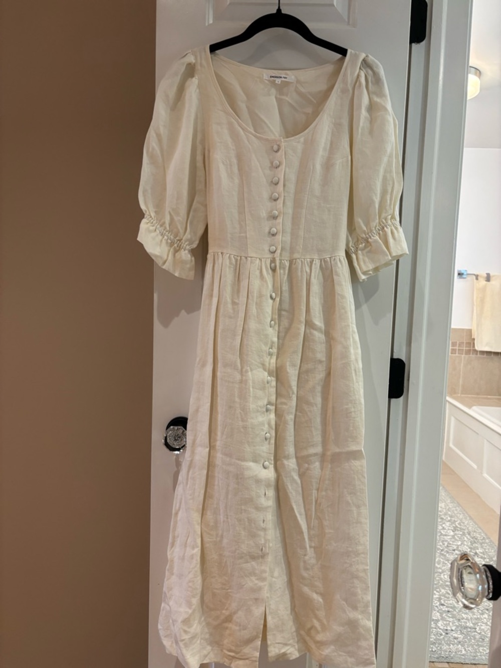 Cream Button-Front Linen Midi Dress